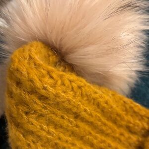 Italy Cozy Mustard Knit Beanie with Faux Fur Pom